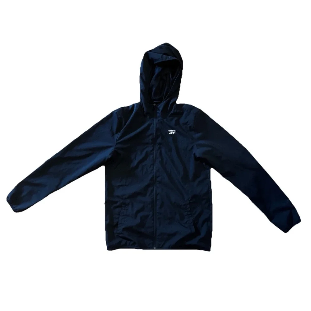 Reebok Men's Black Windbreaker Jacket Hooded Full Zip‎ Mesh Lined Small *read*